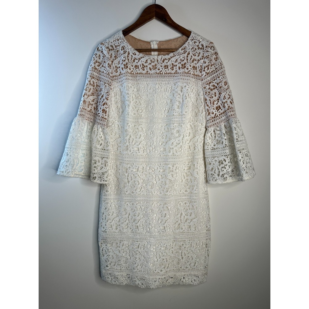 Lauren Ralph Lauren White Lace Bell Sleeve Shift Dress Sz 6 Floral Wedding Guest - Picture 2 of 13